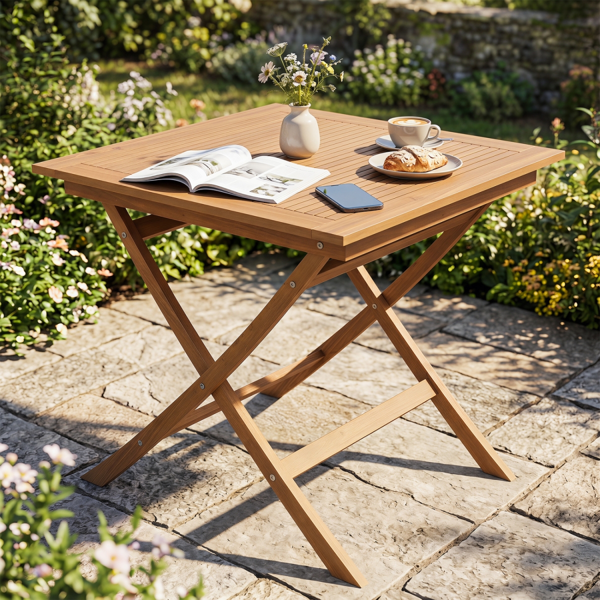 JV14355 32 in. Square Solid Teak Wood Patio Dining Table for 4