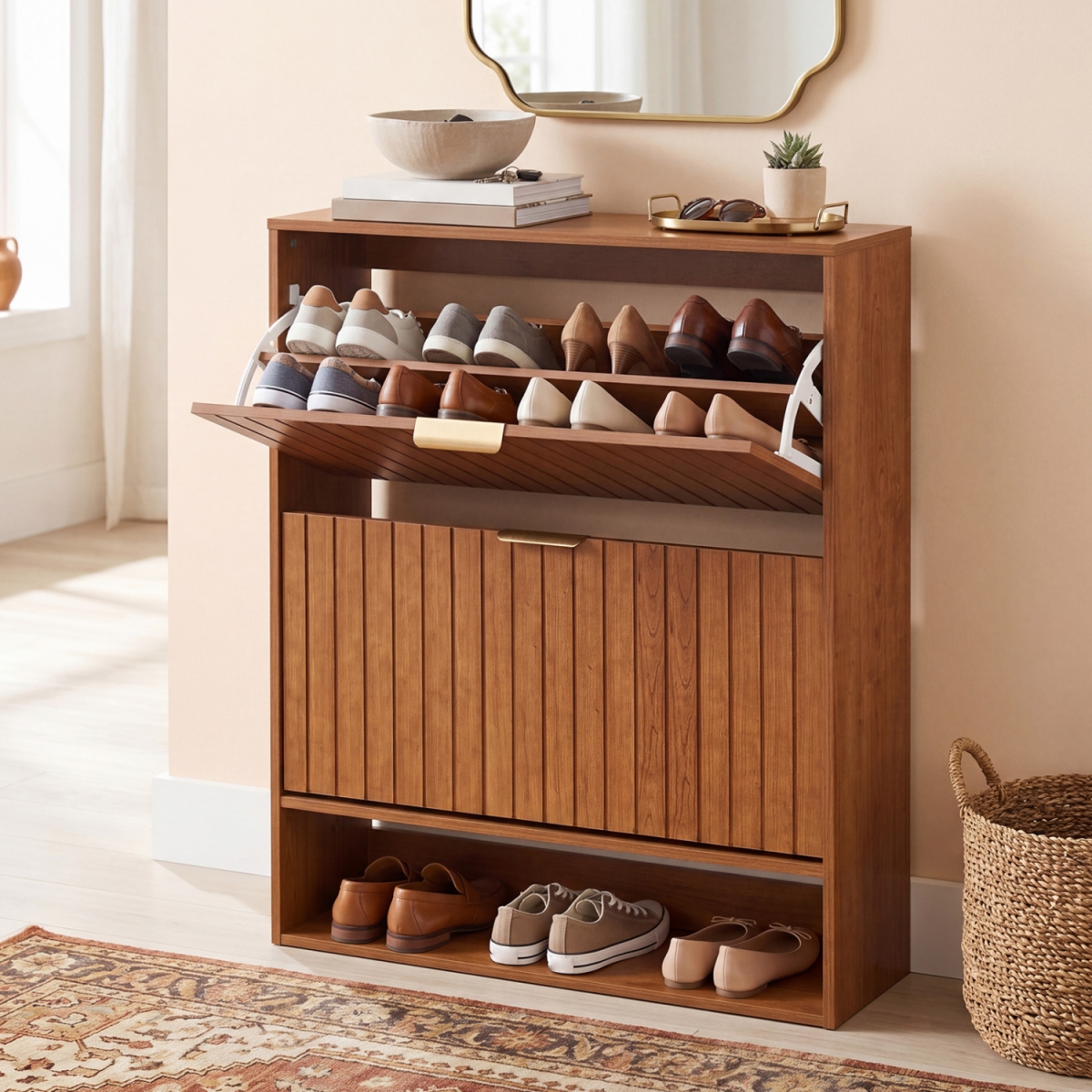 JV14406CH Fluted Hidden Shoe Cabinet with 2 Flip Drawers & Open Storage - Walnut