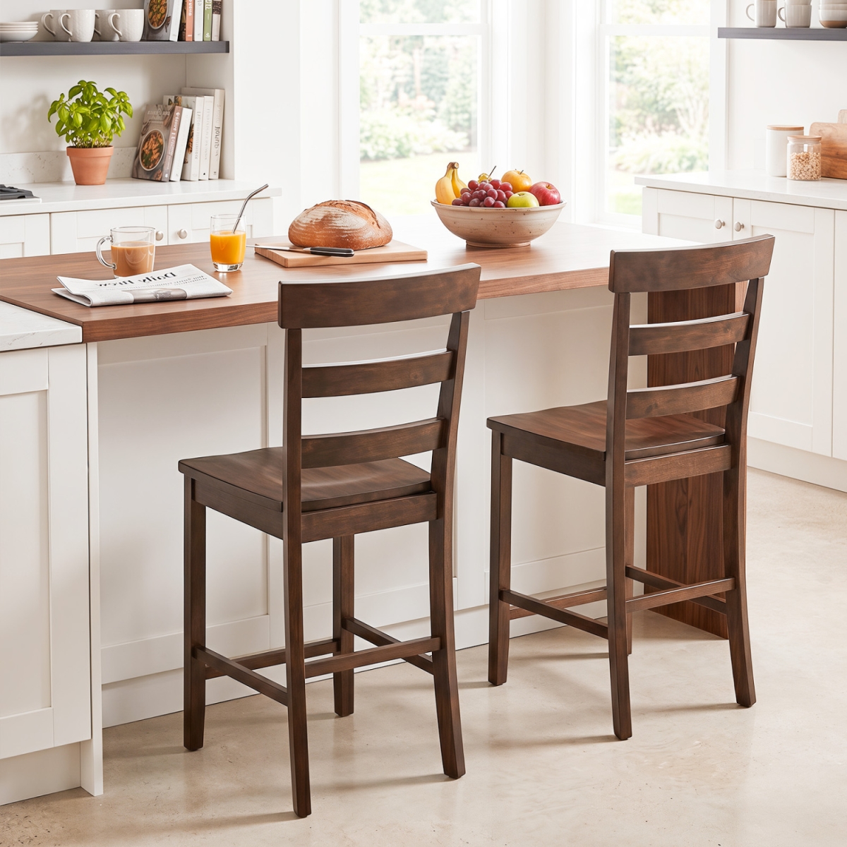 JV14527BN-2 Counter Height Bar Stools with Rubber Wood Frame for Home Dining Room - Brown - Set of 2