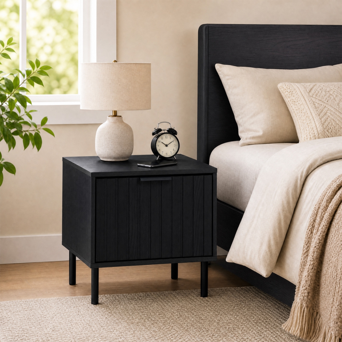 JV14800BK-1 Modern Nightstand with Vertical-Striped Storage Drawer - Black
