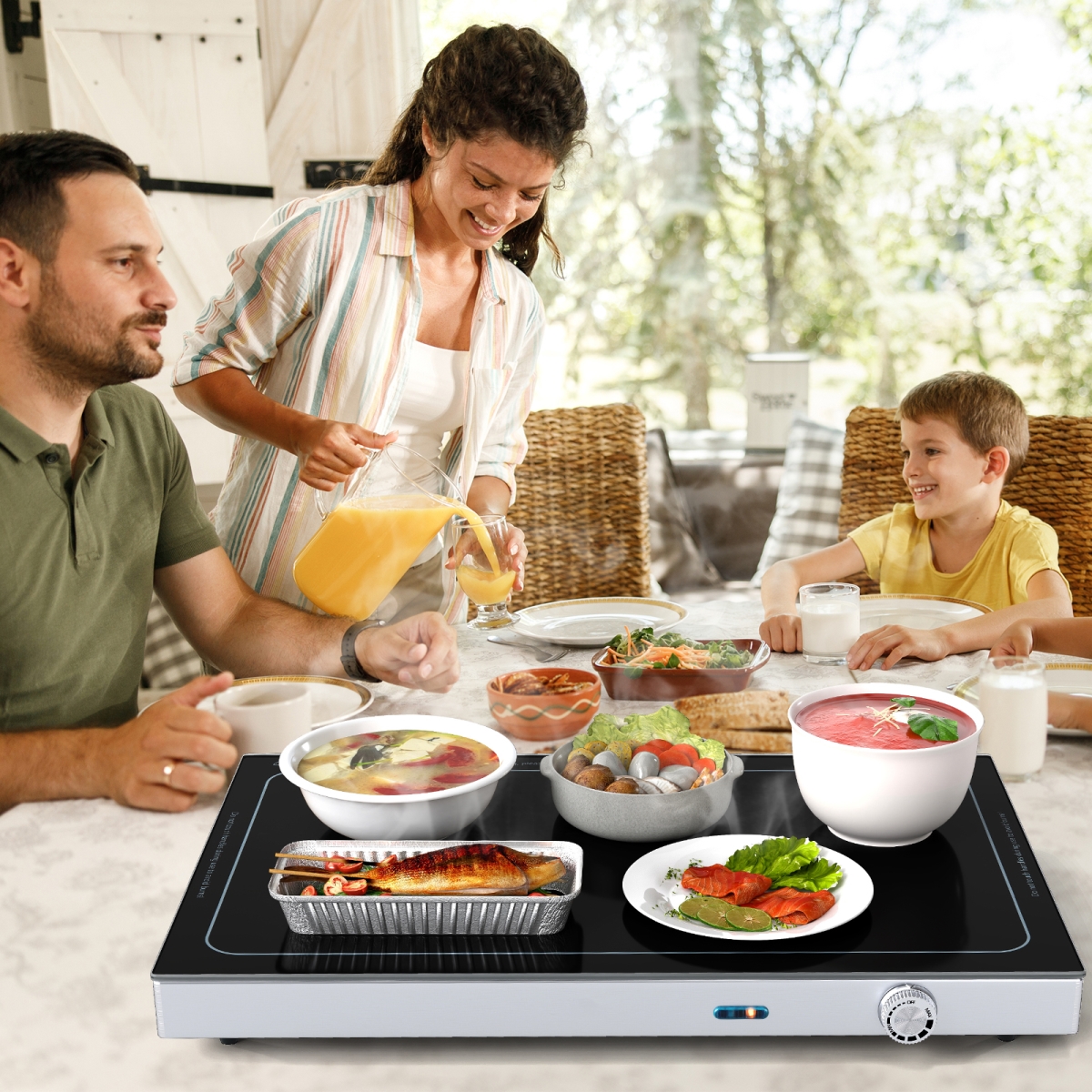 KC58404US Electric Warming Tray with Adjustable Temperature & Built-in Handles Tempered Glass