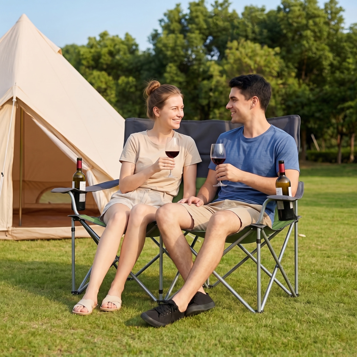 NP13597GN Double Camping Chair with Carry Bag Cup Holders - Green