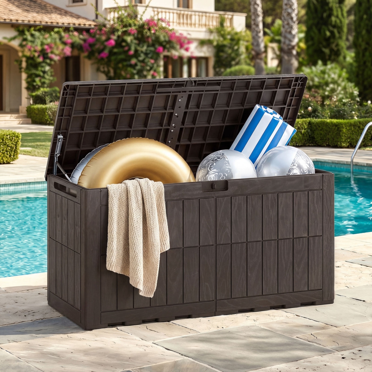 NP13729BN Waterproof Lockable Outdoor Deck Box for Tools Cushions Pool - Dark Brown