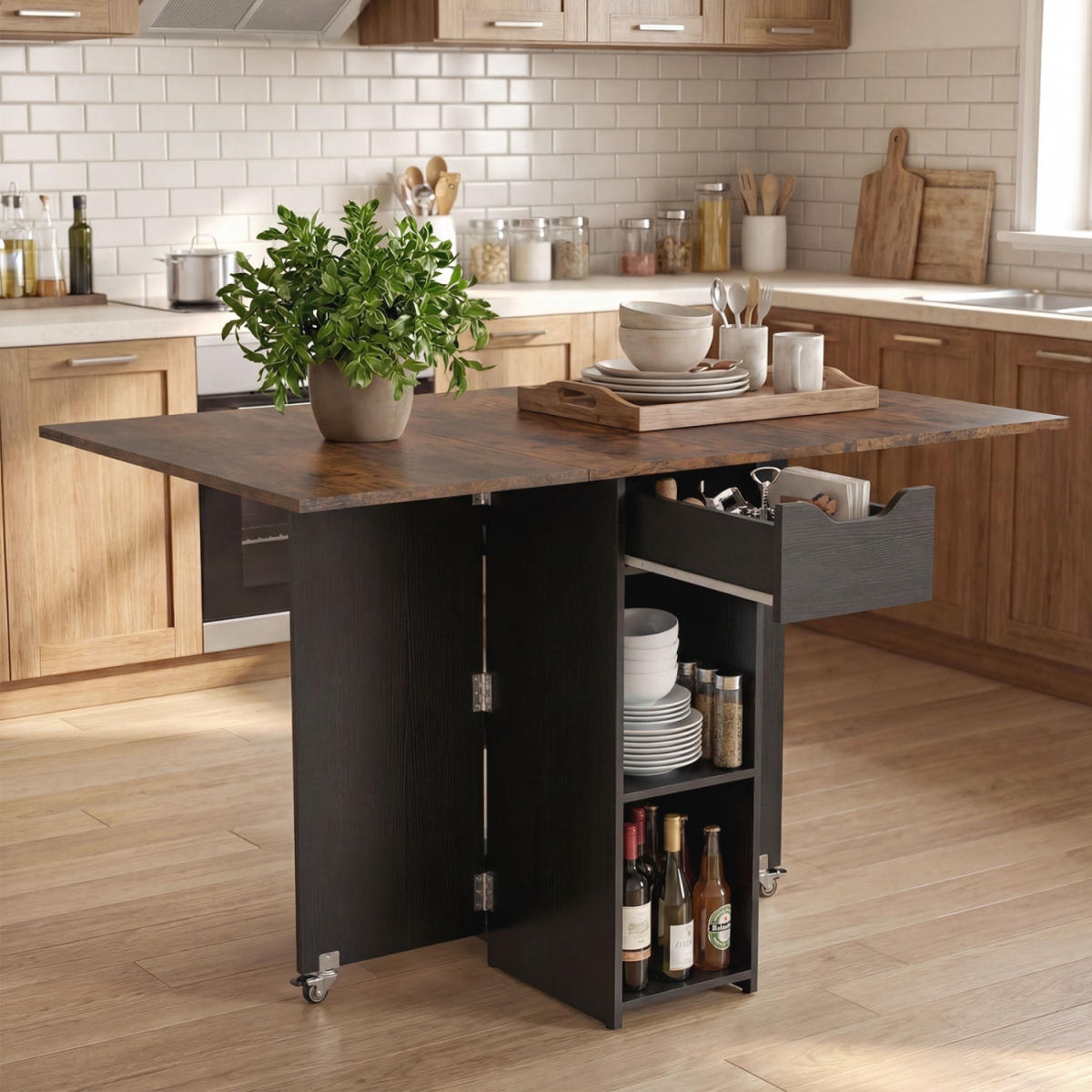 KC58820CF 47.5 in. Farmhouse Extendable Wooden Dinner Table with Lockable Wheels - Rustic Brown