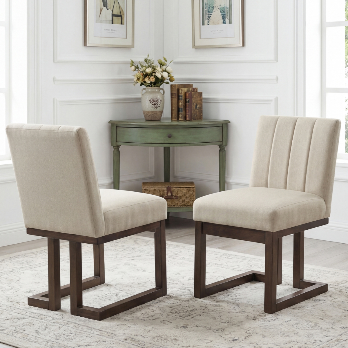 KC59314WN-2 Modern Farmhouse Fabric Dining Chairs with 5.5 in. Thickened Padded Seat - Walnut - Set of 2