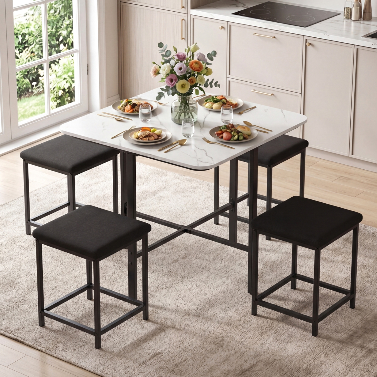 KC59381WH- Dining Table Set with 4 Upholstered Stools & Metal Frame - White