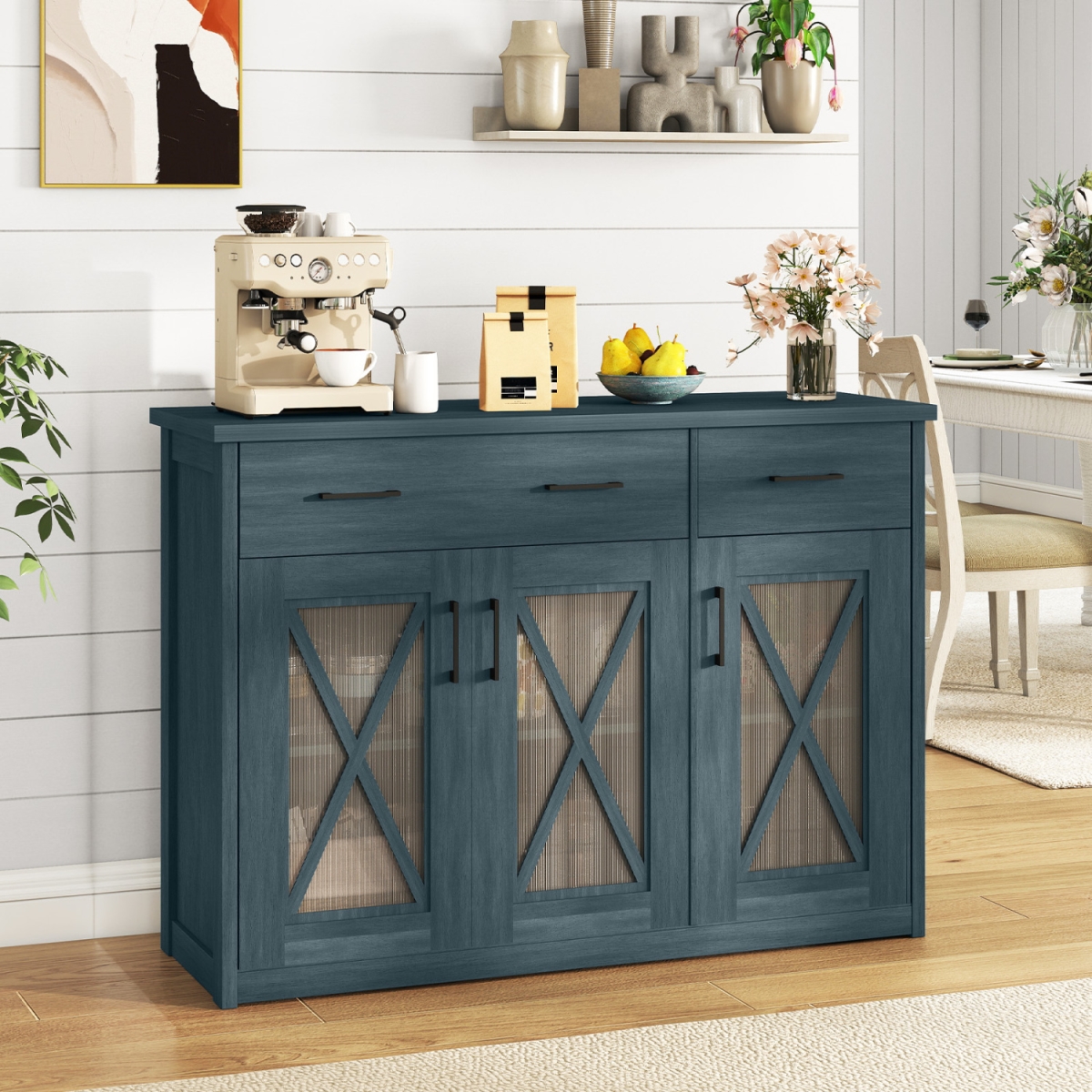 KC59470GN Farmhouse Buffet Sideboard 3-Door Kitchen Storage Cabinet with 2 Drawers - Turquoise