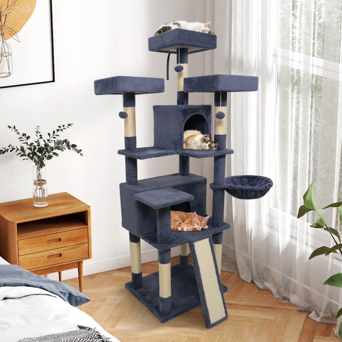 PV10472GR 65 in. Tall Multi-Level Cat Tree with 3 Upholstered Perch & 2 Cat Condos - Dark Gray