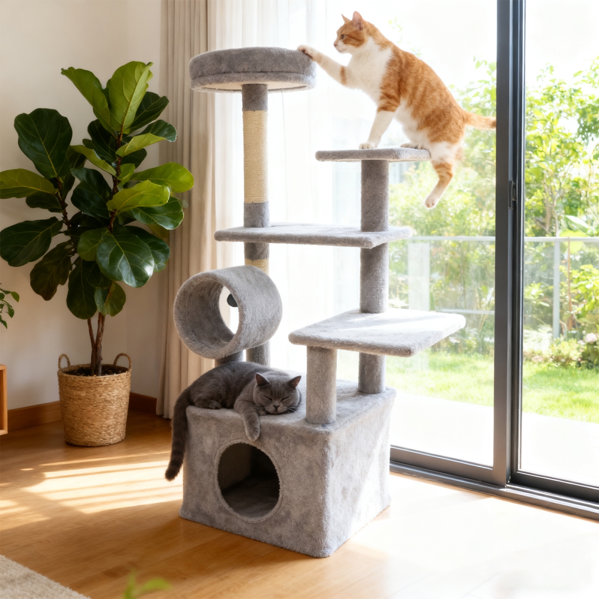 PV10481HS 48 in. Tall Cat Tree Multi-Level Kitten Tower with Large Condo Padded Top Perch - Light Gray