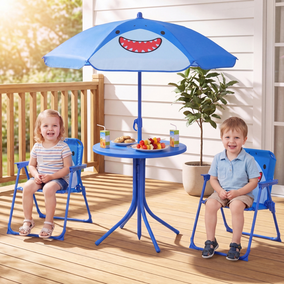 NP13404BL Kids Outdoor Table & Chair Set with 2 Folding Chairs & Height Adjustable Umbrella - Blue