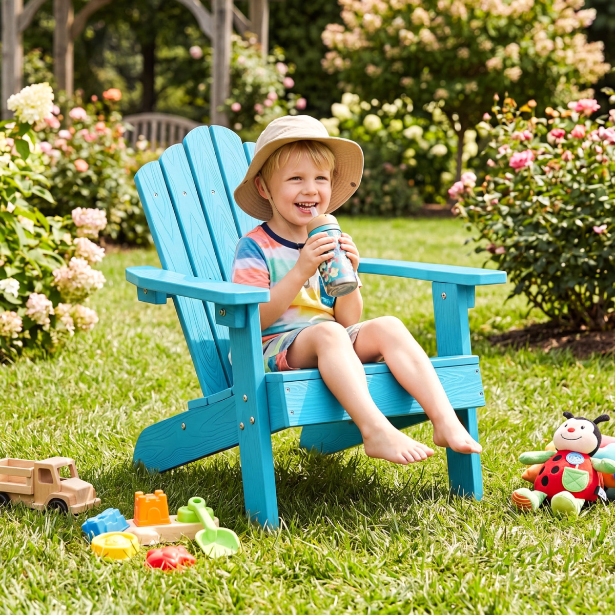 NP13592TU-1 Kids Adirondack All-Weather Outdoor Chair for Children with Tilted High Backrest - Turquoise