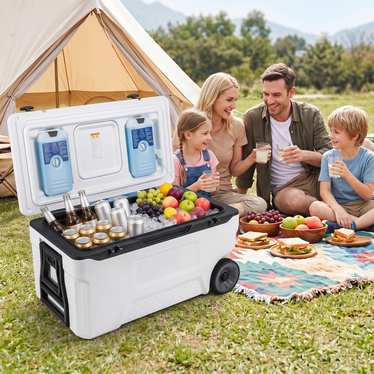 NP13673WH 74 qt. Portable Rolling Cooler with Fish Ruler for Outdoor - White