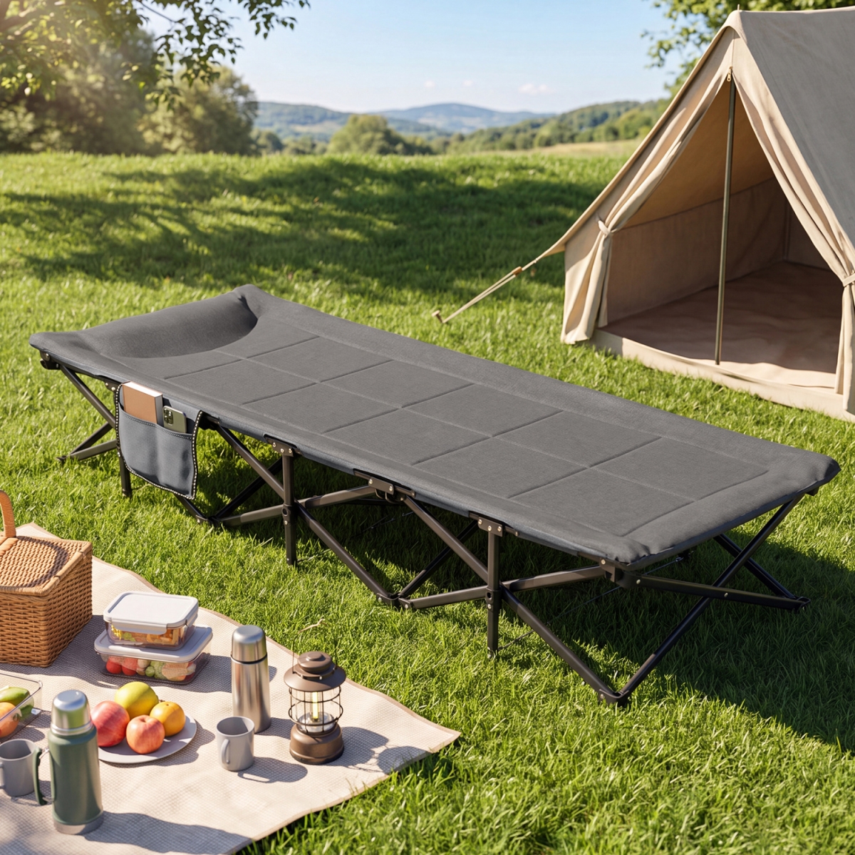 NP13747GR Camping Cot with Padded Pillow & Storage Pouch for Camping Travel - Gray