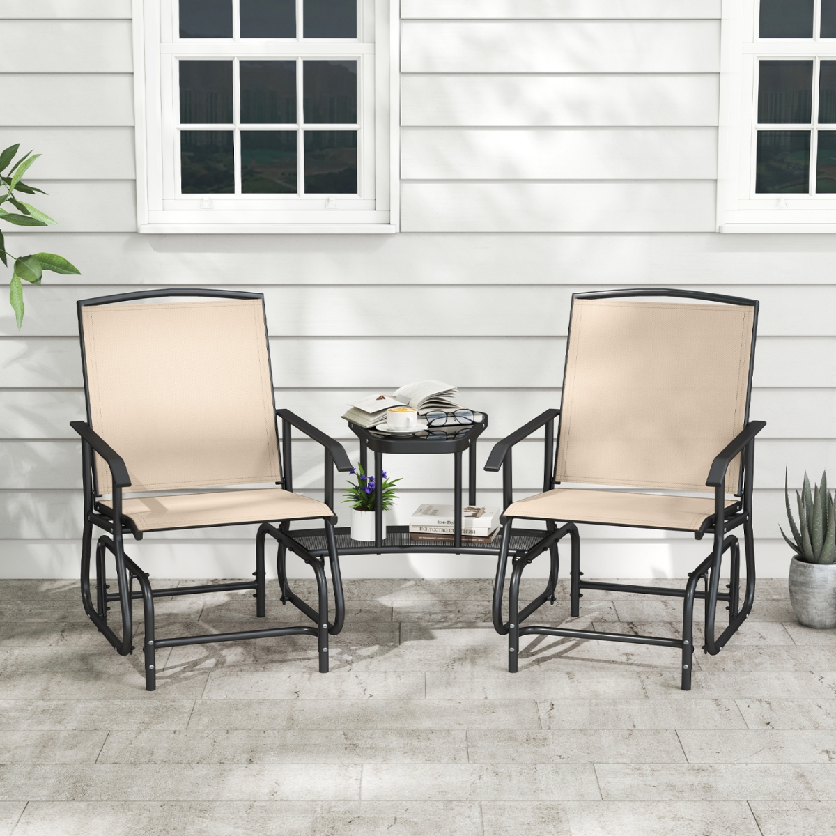 NP13771BE 2-Seater Outdoor Glider Bench with 2-Tier Center Table - Beige