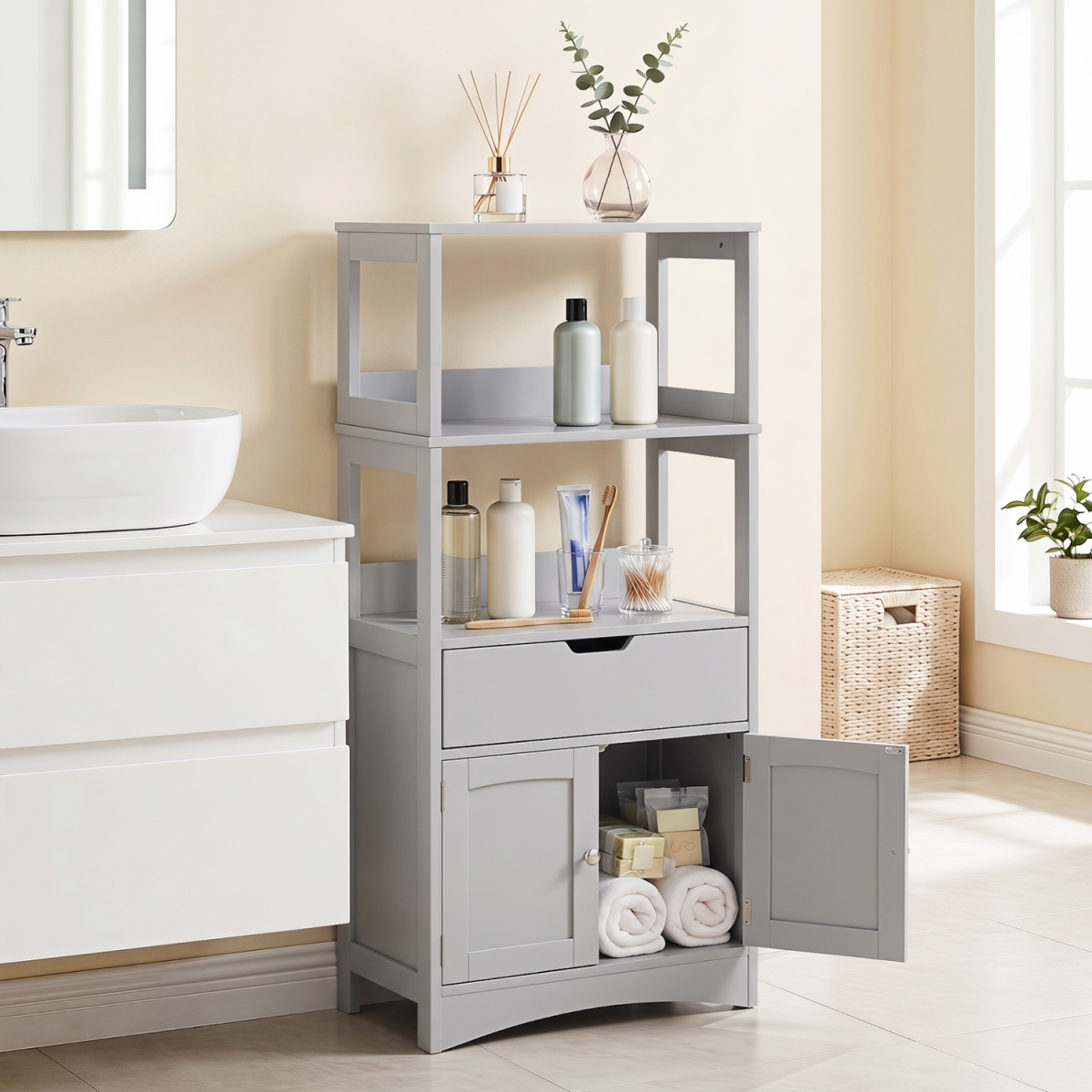 JV14478GR Bathroom Storage Cabinet with Open Shelves & Drawer - Gray