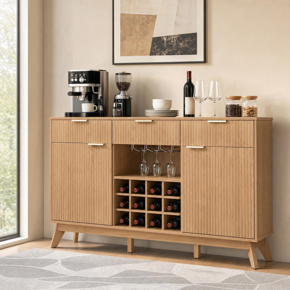 JV14528NA- Wine Bar Cabinet with Adjustable Shelves & 2 Doors 3 Glass Holders for Kitchen - Natural