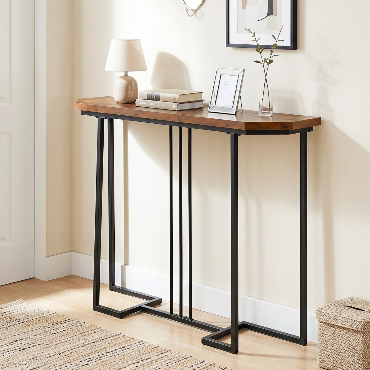 JV14538TY-CF Modern Console Table Narrow Entryway Table with Metal Legs - Rustic Brown