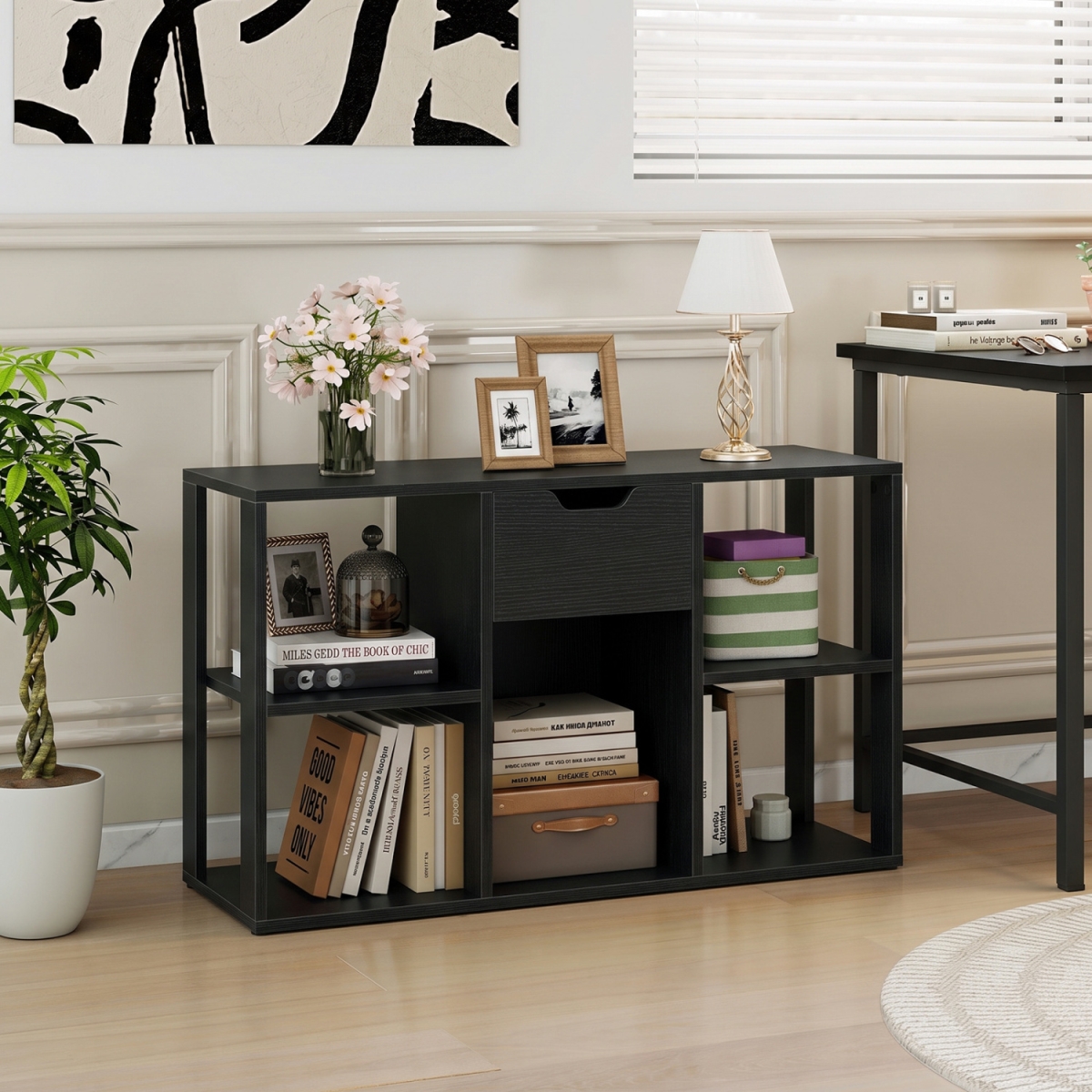 JV14568TY-DK 5-Cube Bookcase with Storage Drawer Freestanding Bookshelf Modern Display Rack - Black