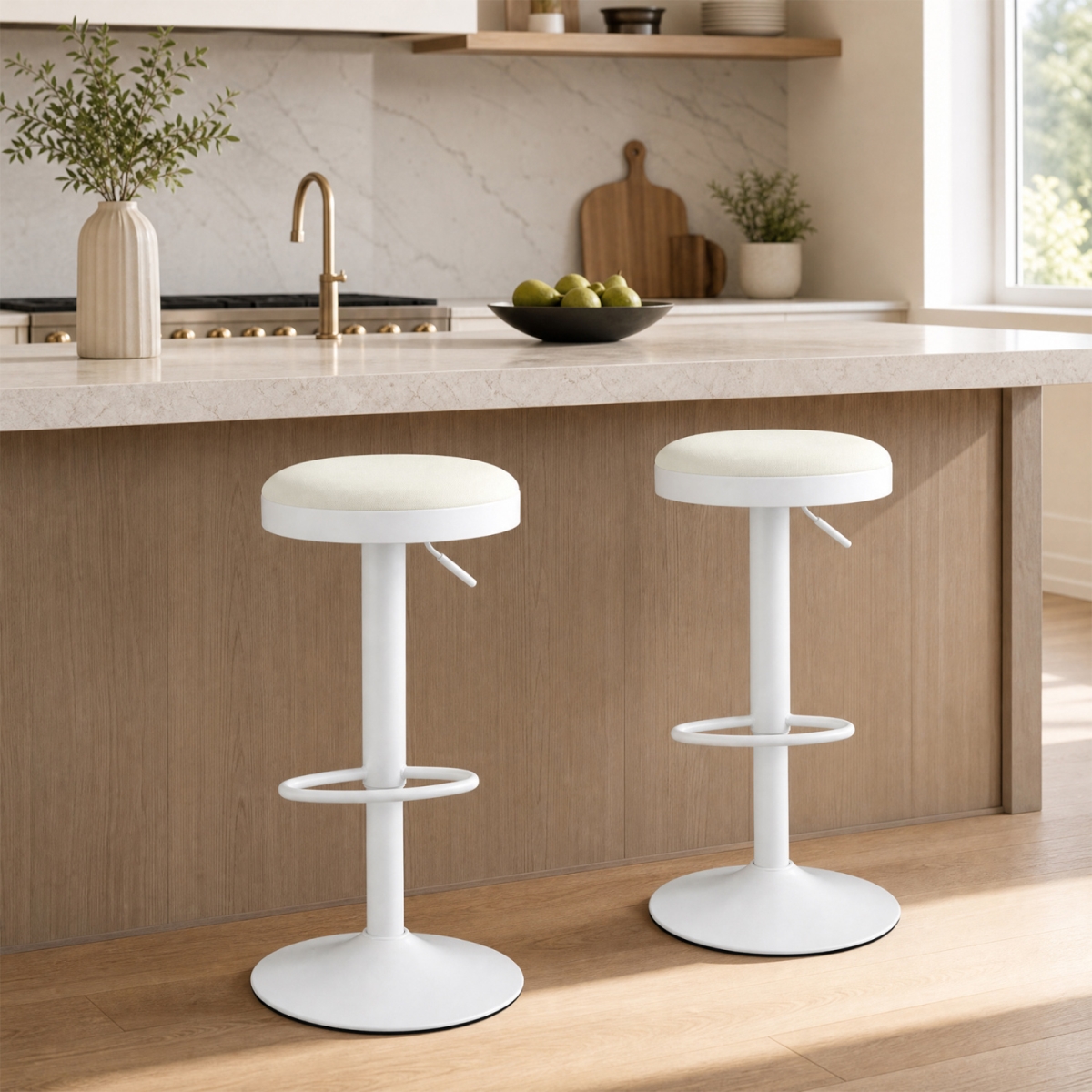 JV14659WH-2 Kitchen Bar Stools with Height Adjustment Padded Seat & D-Shaped Footrest - White - Set of 2
