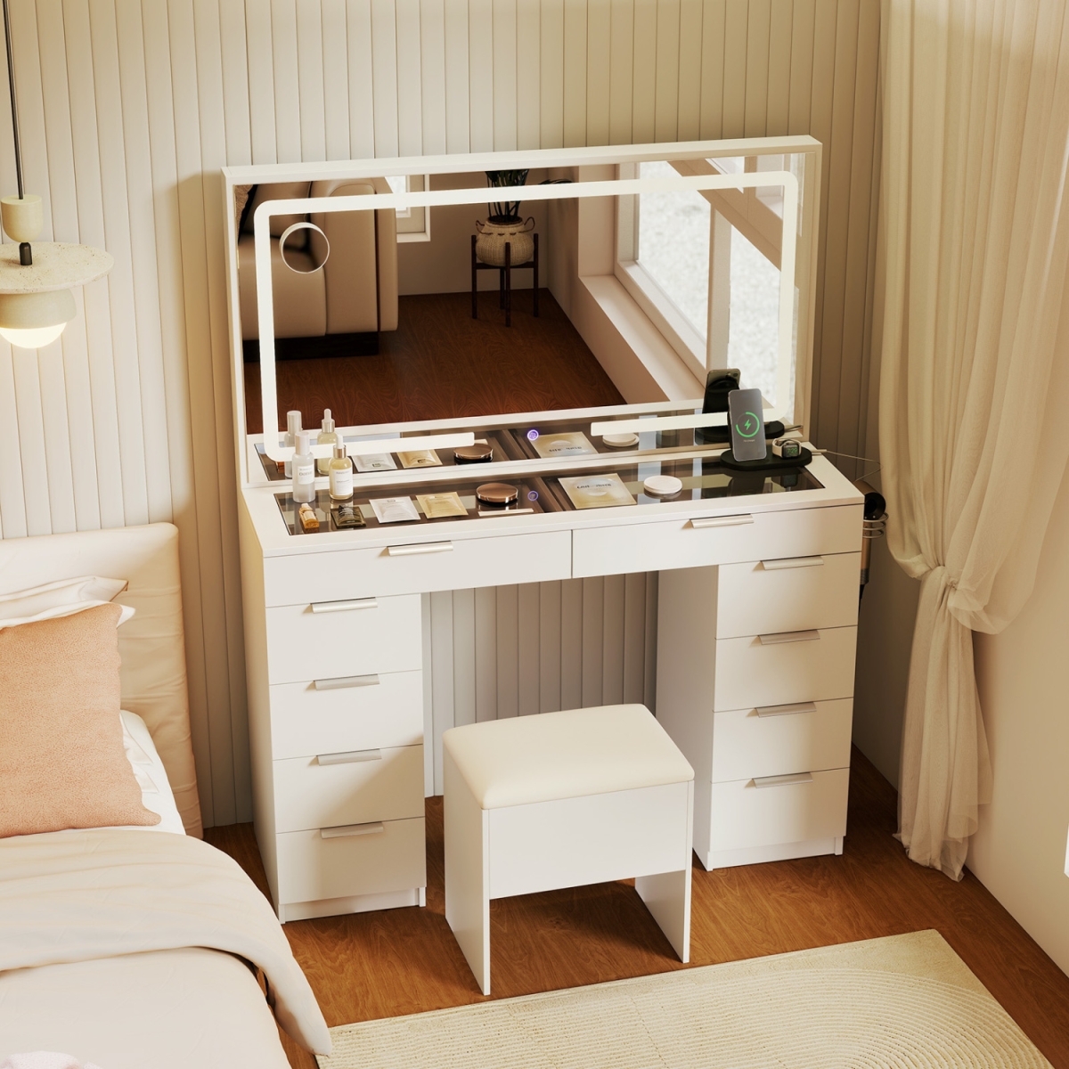 JV14700WH- Vanity Desk with Mirror & Lights & Stool with Charging Station for Makeup - White
