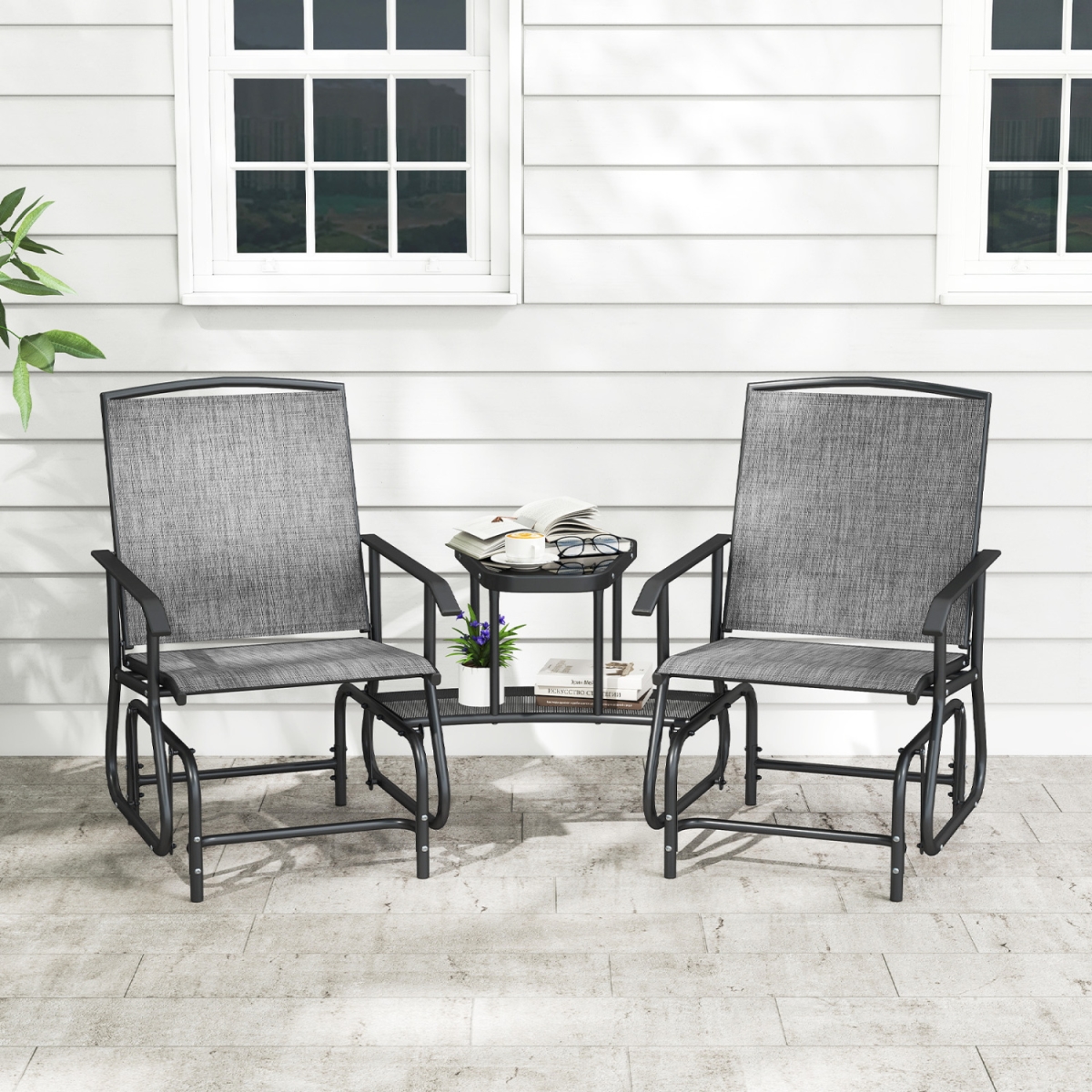 NP13771GR 2-Seater Outdoor Glider Bench with 2-Tier Center Table - Gray