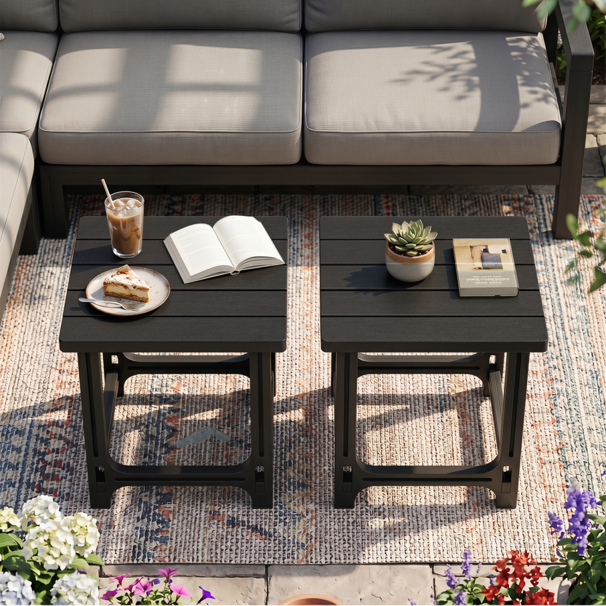 NP13790DK-2 18 in. Outdoor Adirondack Side Table with Slatted Surface - Black - Set of 2