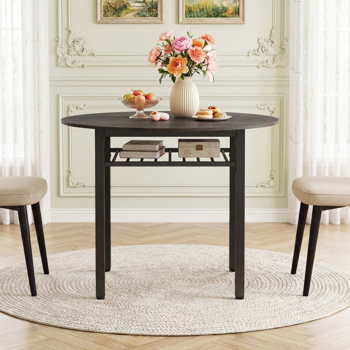 JV12325GR-22 40 in. Round Kitchen Table with Storage Shelf & Metal Frame for 4 People - Gray