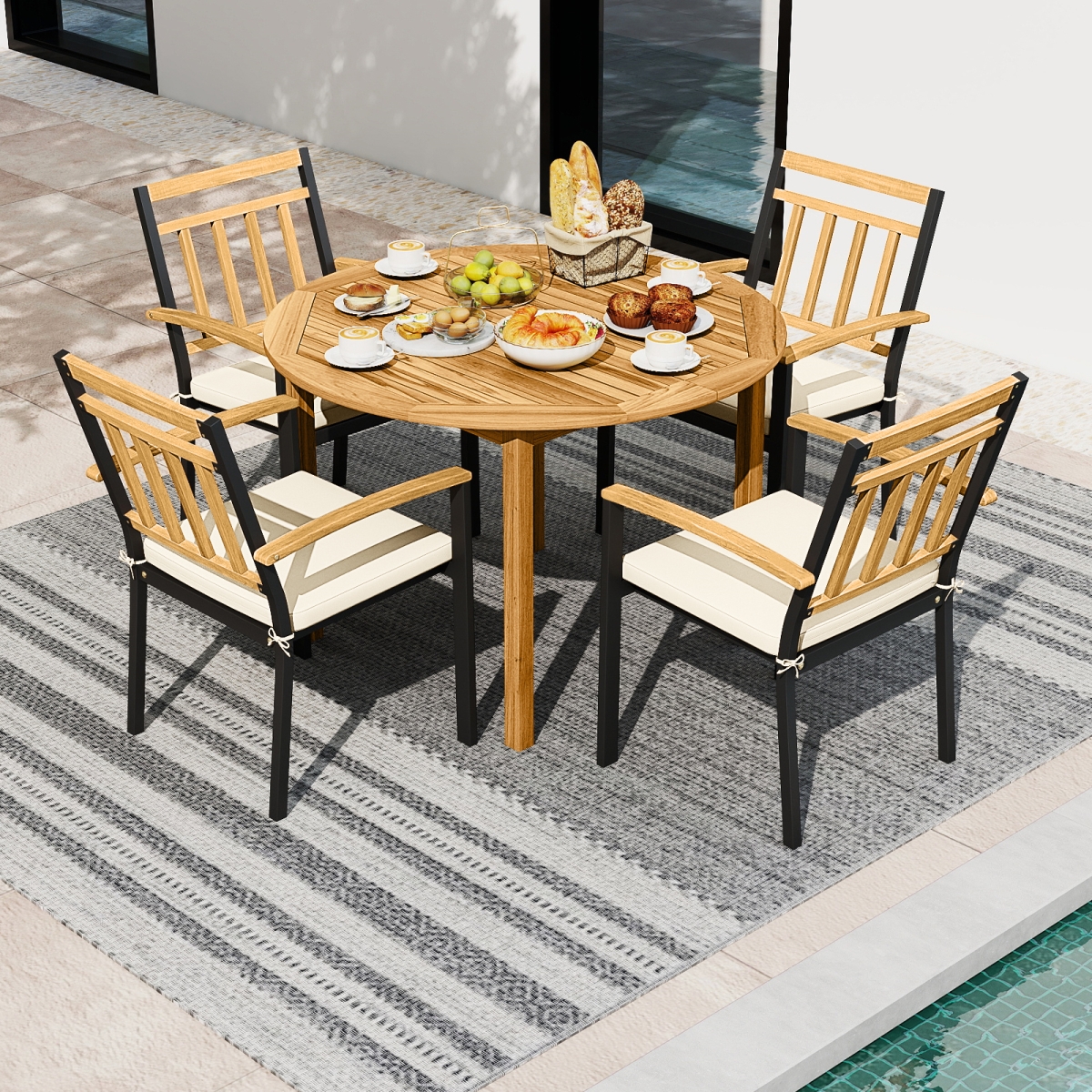 HW71253-2-HW74547BN-2 Outdoor Acacia Wood Dining Set Patio Round Table & Metal Chairs with Cushions - 5 Piece
