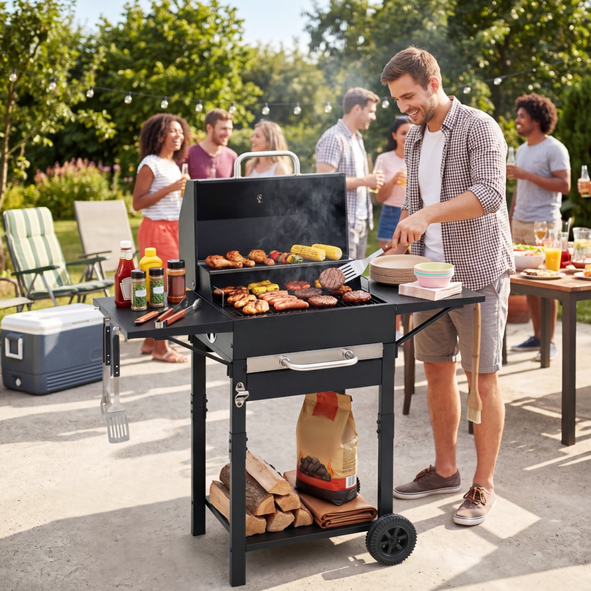 NP13654 Charcoal Grill with 2 Side Tables & Adjustable Chimney - 284 Sq. in.