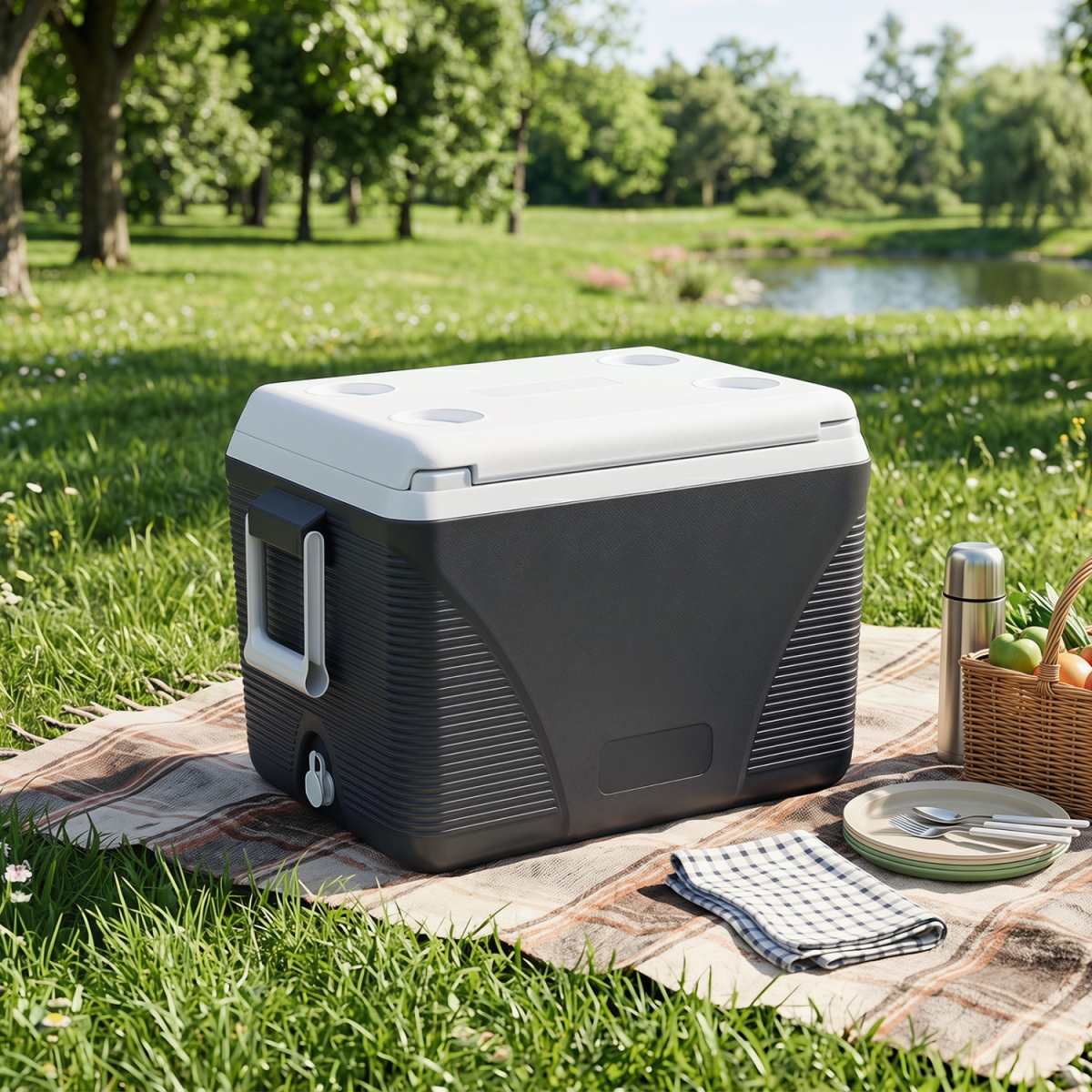 NP13675BK 43.3 qt. Portable Hard Cooler with Handles & 4 Cup Holders - Black