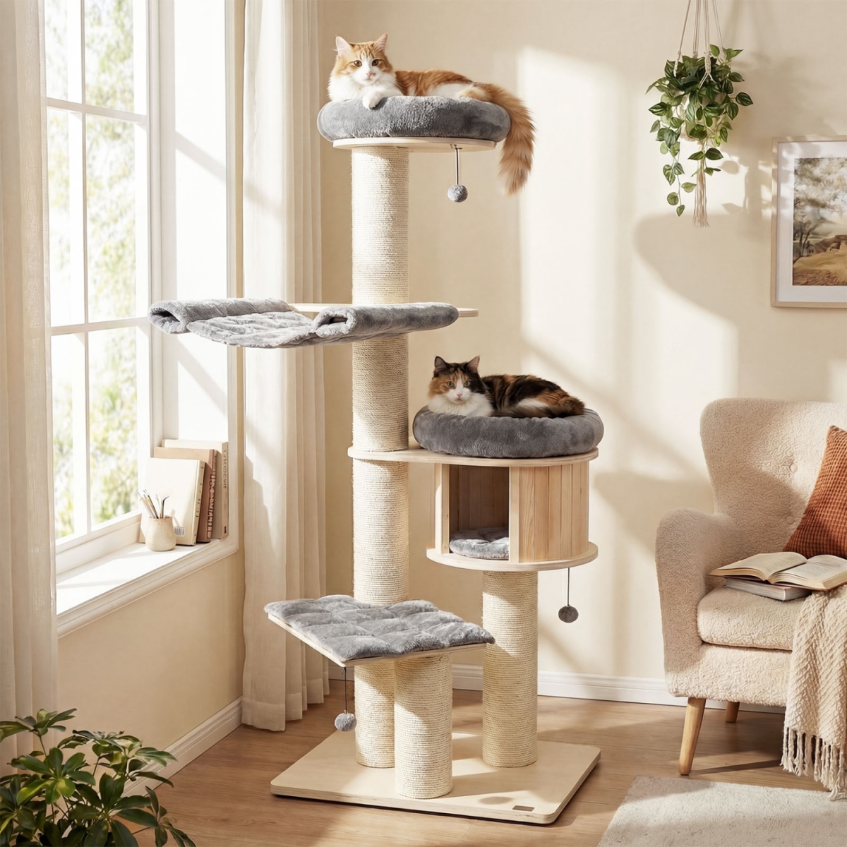PS7478GR 4-Layer 68.5 in. Wooden Cat Tree Condo Activity Tower with Sisal Posts - Gray