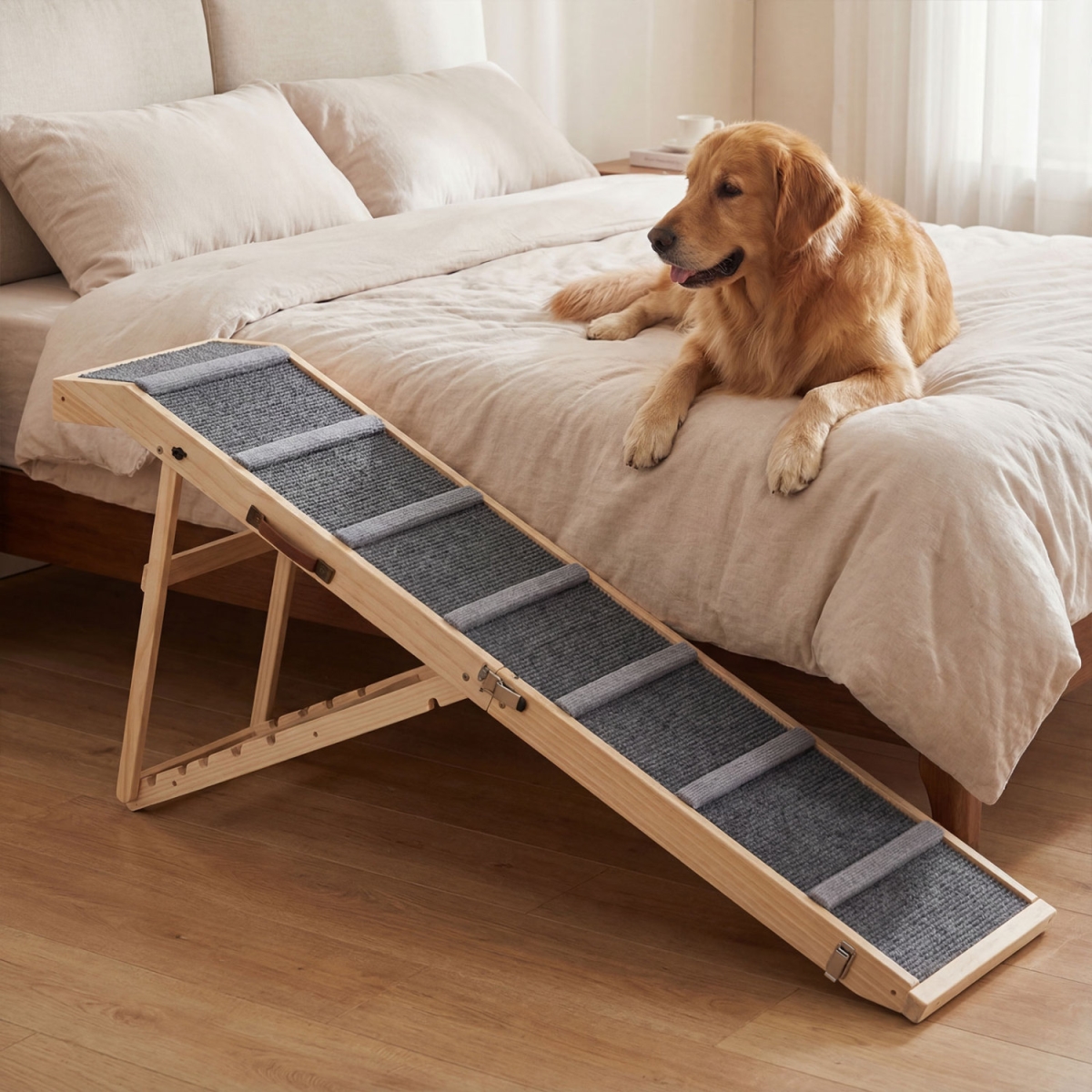 PU10087GR 6-Level Height Adjustable Foldable Dog Ramp for High Bed Couch - Dark Gray