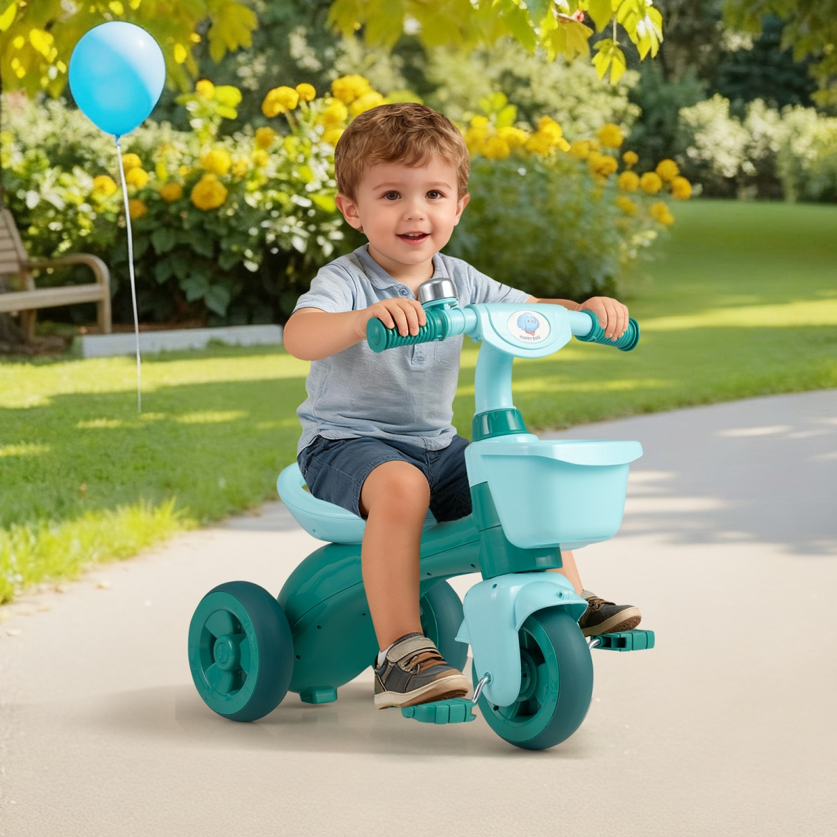 TS10298GN Toddler Tricycle with Limited Steering with Front Baskets & Bell - Green