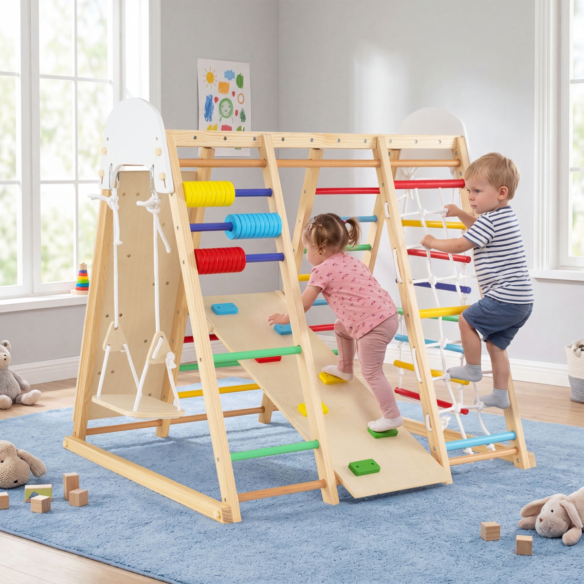 TS10438CL 8-in-1 Foldable Indoor Jungle Gym for Kids with Swing & Monkey Bars - Colorful