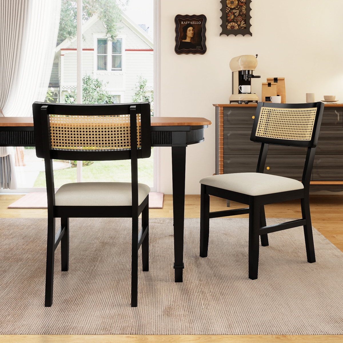 JV13505BK Rattan Dining Chairs Fabric Upholstered Kitchen Chairs with Padded Seat & Rubber Wood Legs - Black - Set of 2