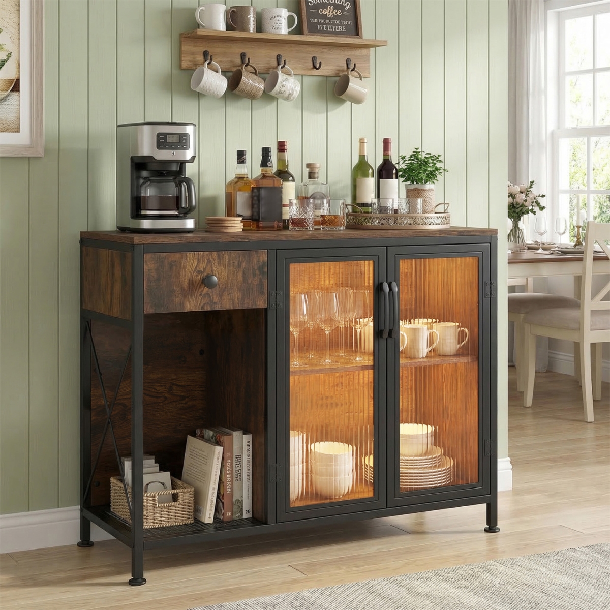 JV13541US-CF Buffet Sideboard with Doors Power Outlets & LED Light - Rustic Brown