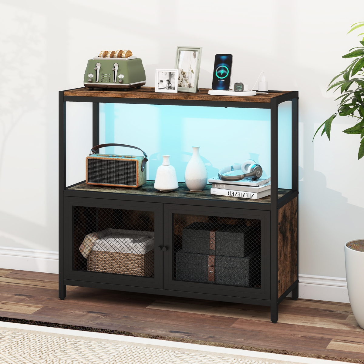JV13692US-CF Industrial Coffee Bar Cabinet with LED Lights & Charging Station - Rustic Brown