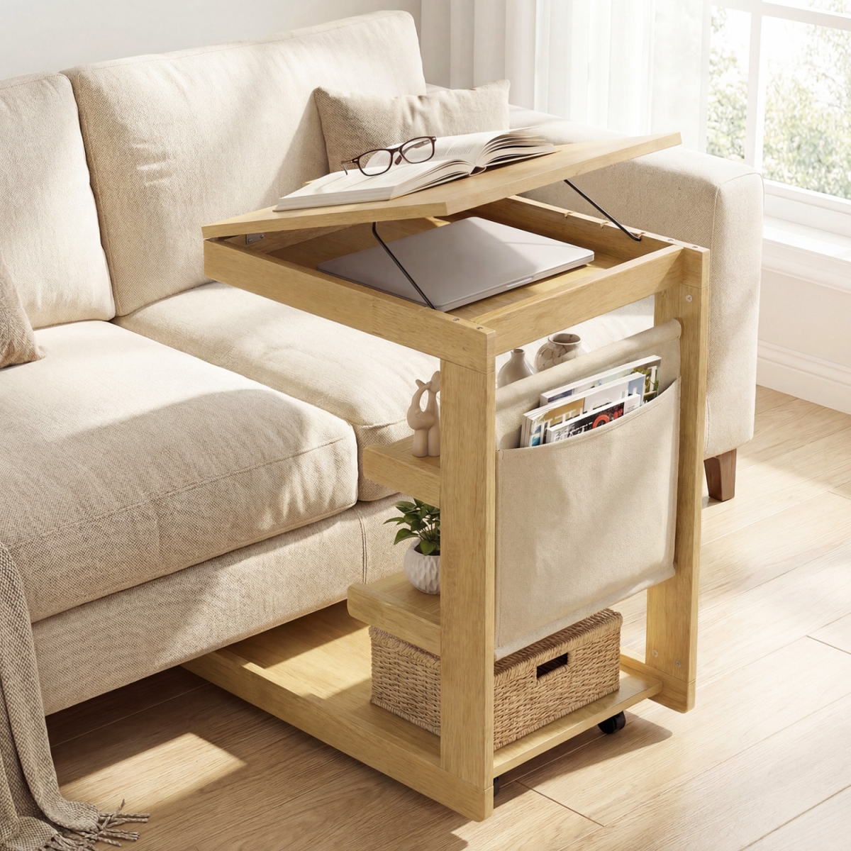 JV13808NA C-Shaped End Table with Wheels & Adjustable Desktop for Sofa Couch Bedside - Natural