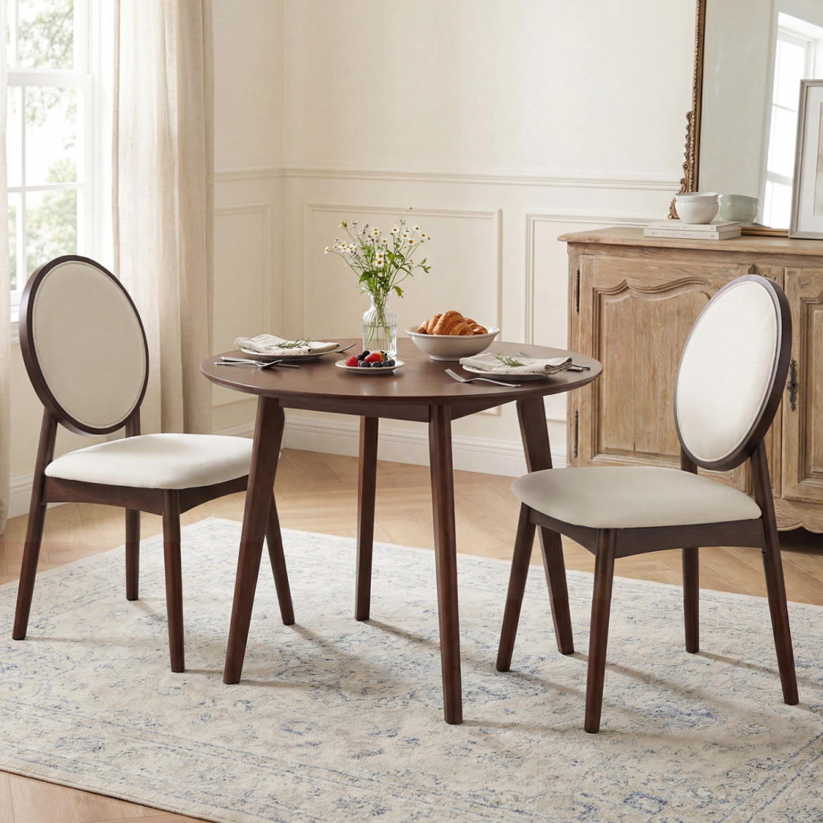 JV13813BE-2 Upholstered Linen Fabric Kitchen Side Chairs with Padded Seat - Beige - Set of 2