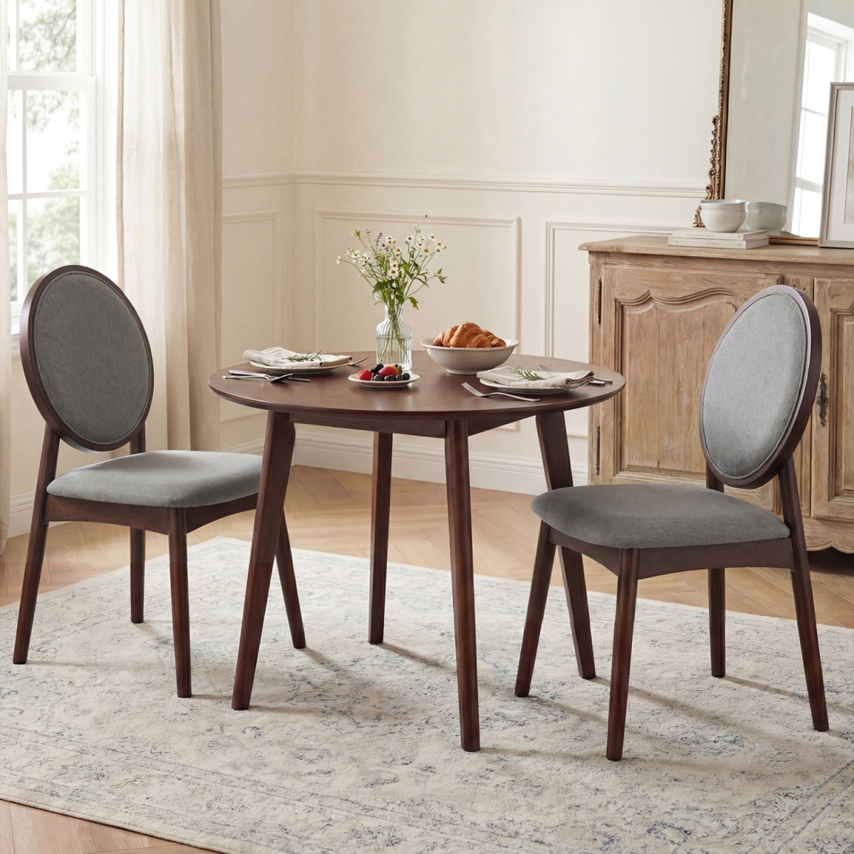 JV13813GR-2 Upholstered Linen Fabric Kitchen Side Chairs with Padded Seat - Gray - Set of 2