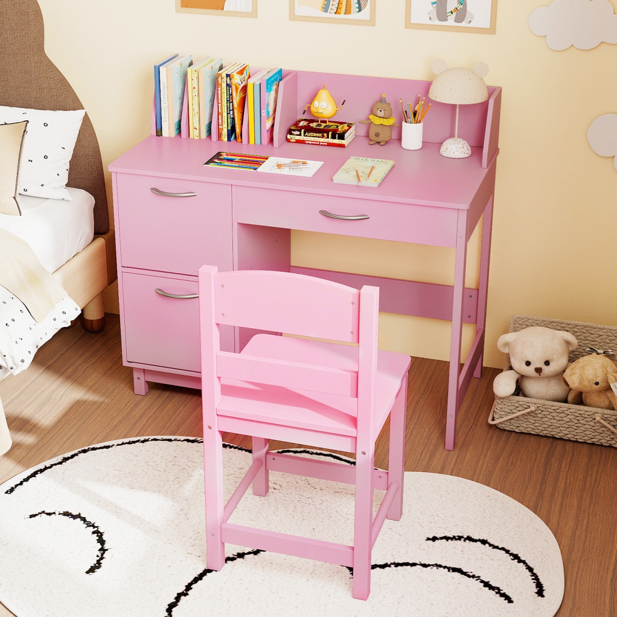 HY10456PI Wooden Kids Study Desk & Chair Set Student Workstation - Pink