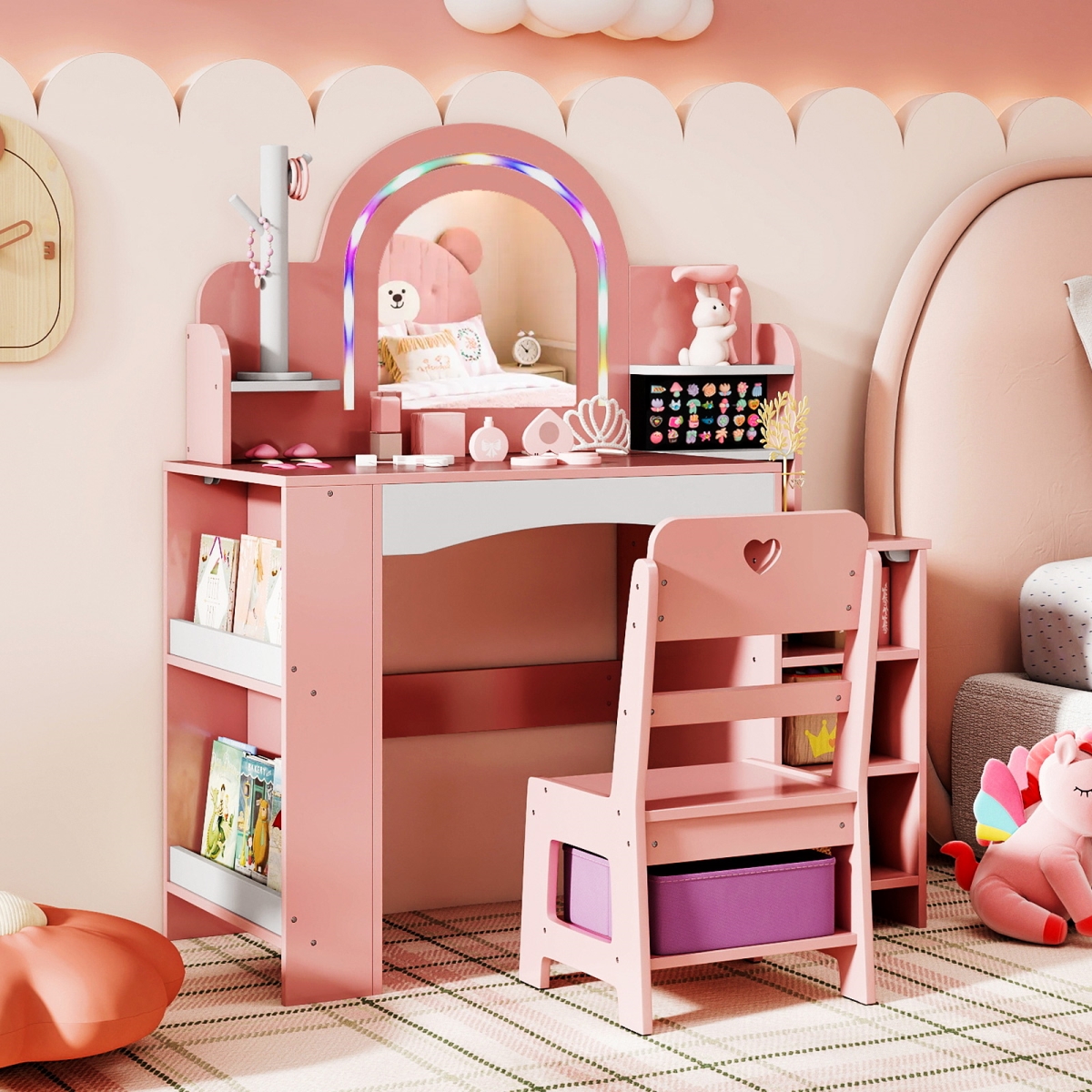 HY10489PI Kids Vanity Set with Colorful LED Lights Princess Makeup Dressing Table with Chair - Pink