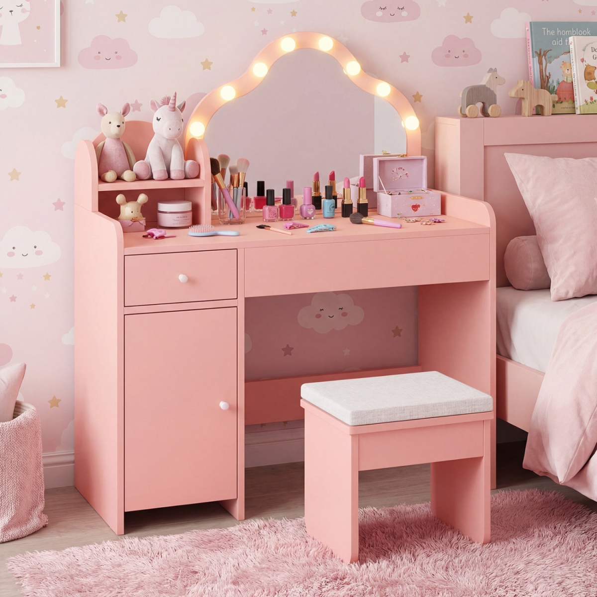 HY10537PI Kids Vanity Desk with Mirror & Lights Princess Pretend Play Dressing Table - Pink