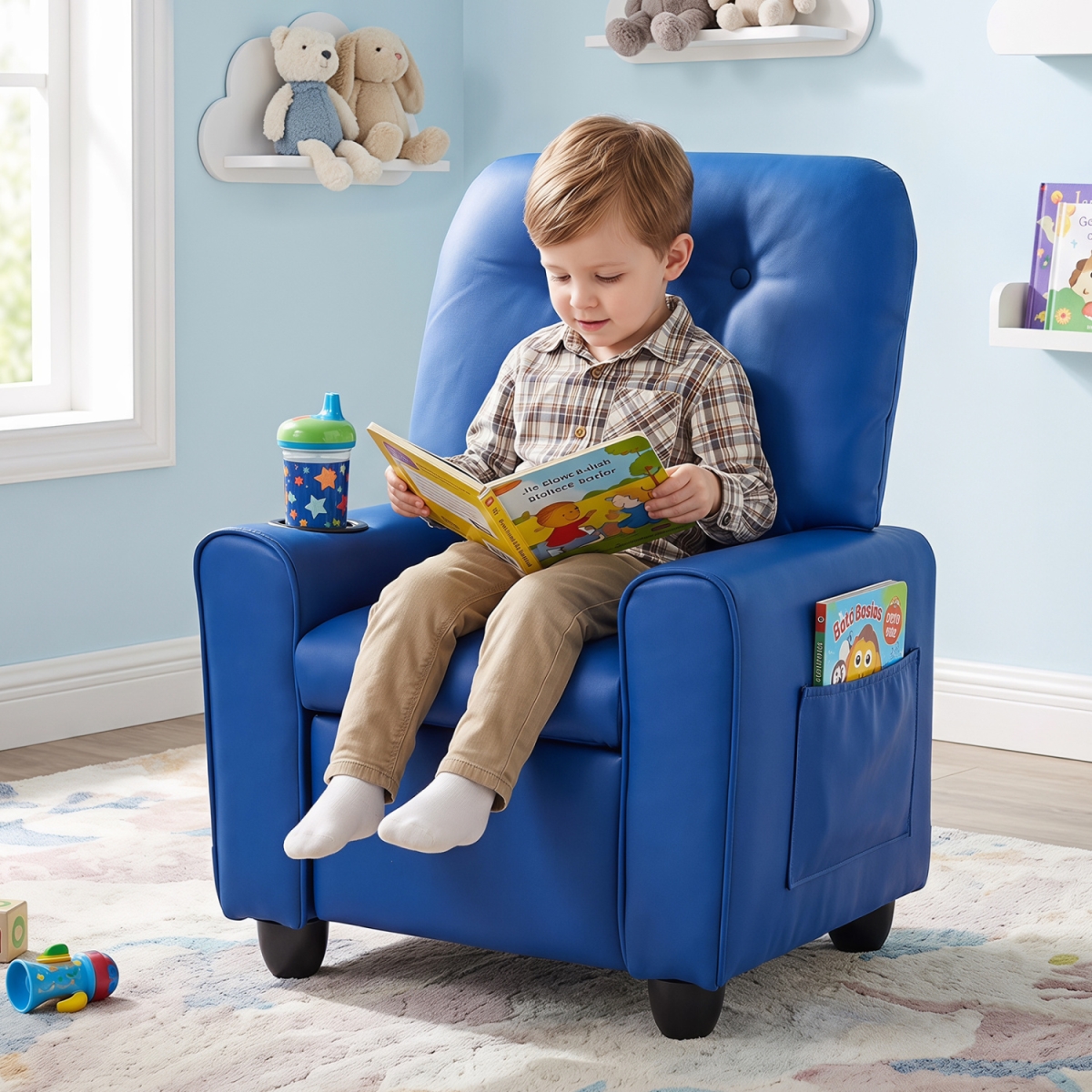 HY10549LS Kids Recliner with Cup Holder & Armrests & Adjustable Backrest Footrest - Blue