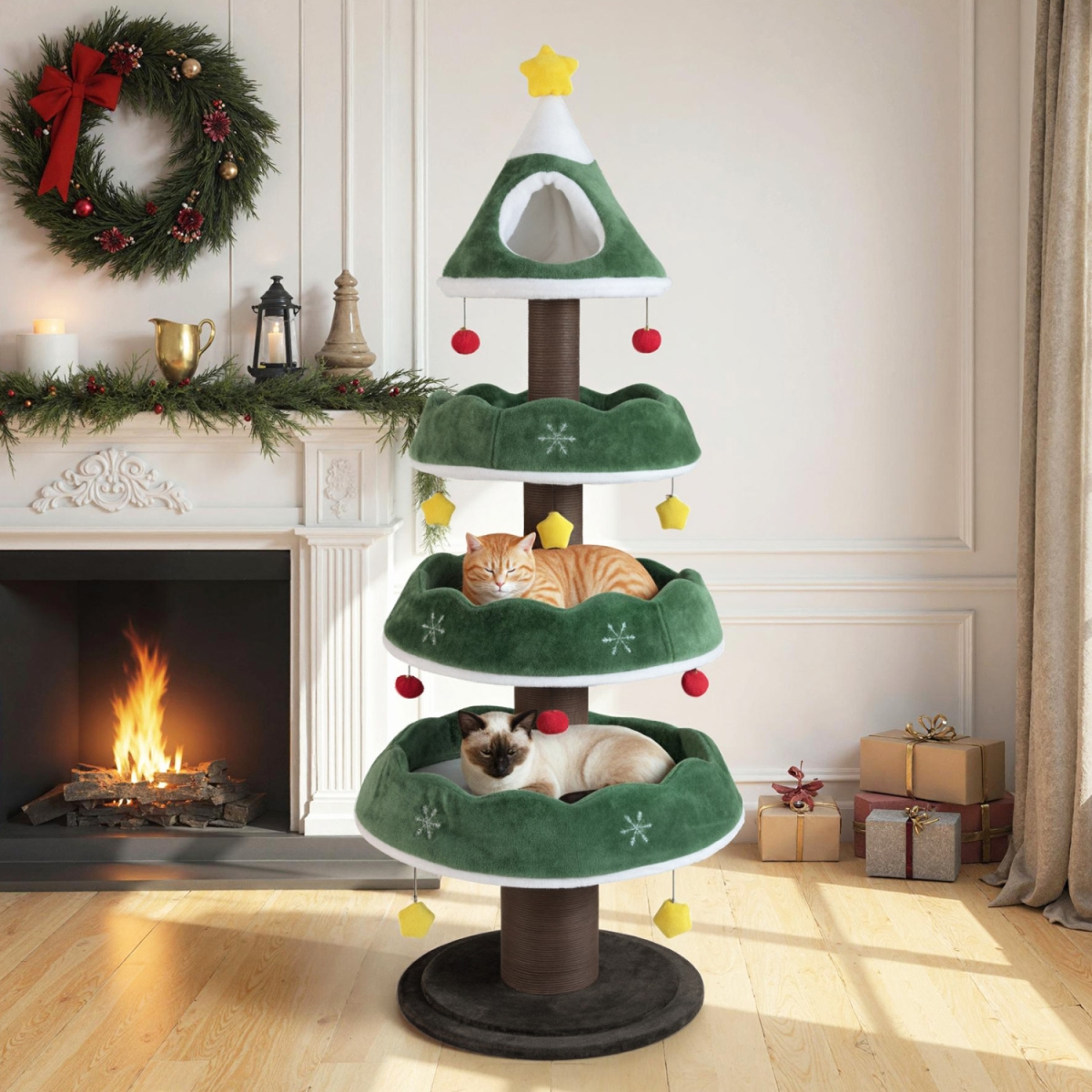 PV10448GN Multi-Level Christmas Cat Tree with 3 Platforms & Upholstered Top Perch - Multi Color