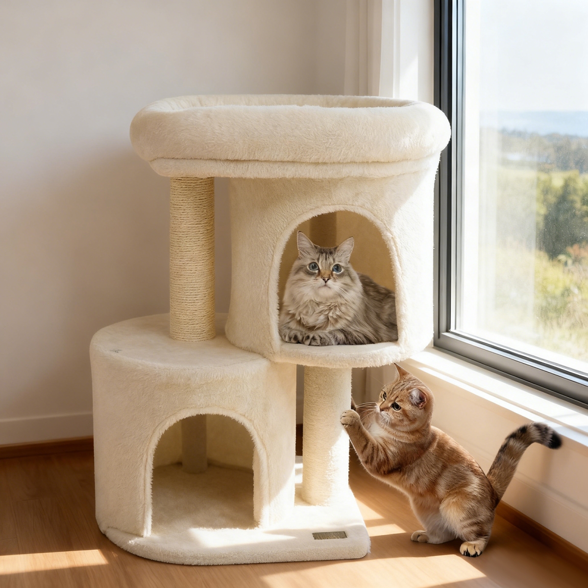 PV10476BE 26 in. Cat Tower with Large Padded Push Perch & Dual Condos - Beige