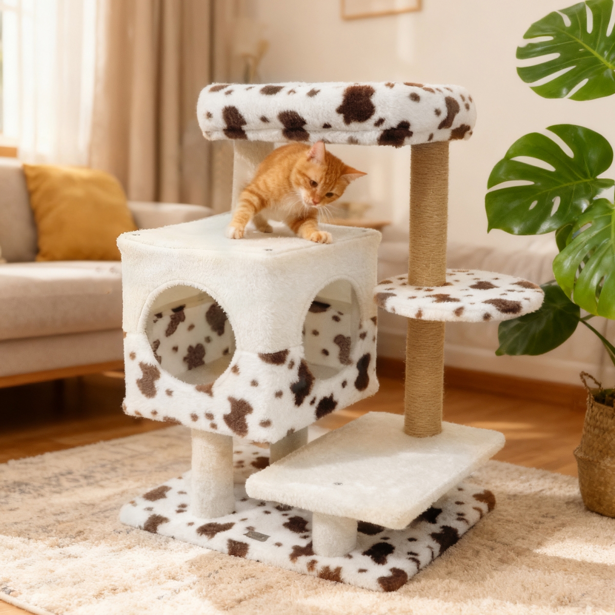 PV10477WH Modern Cat Tree Indoor Cat Tower with Wide Upholstered Perch & 2-Entrance Cat Condo - White