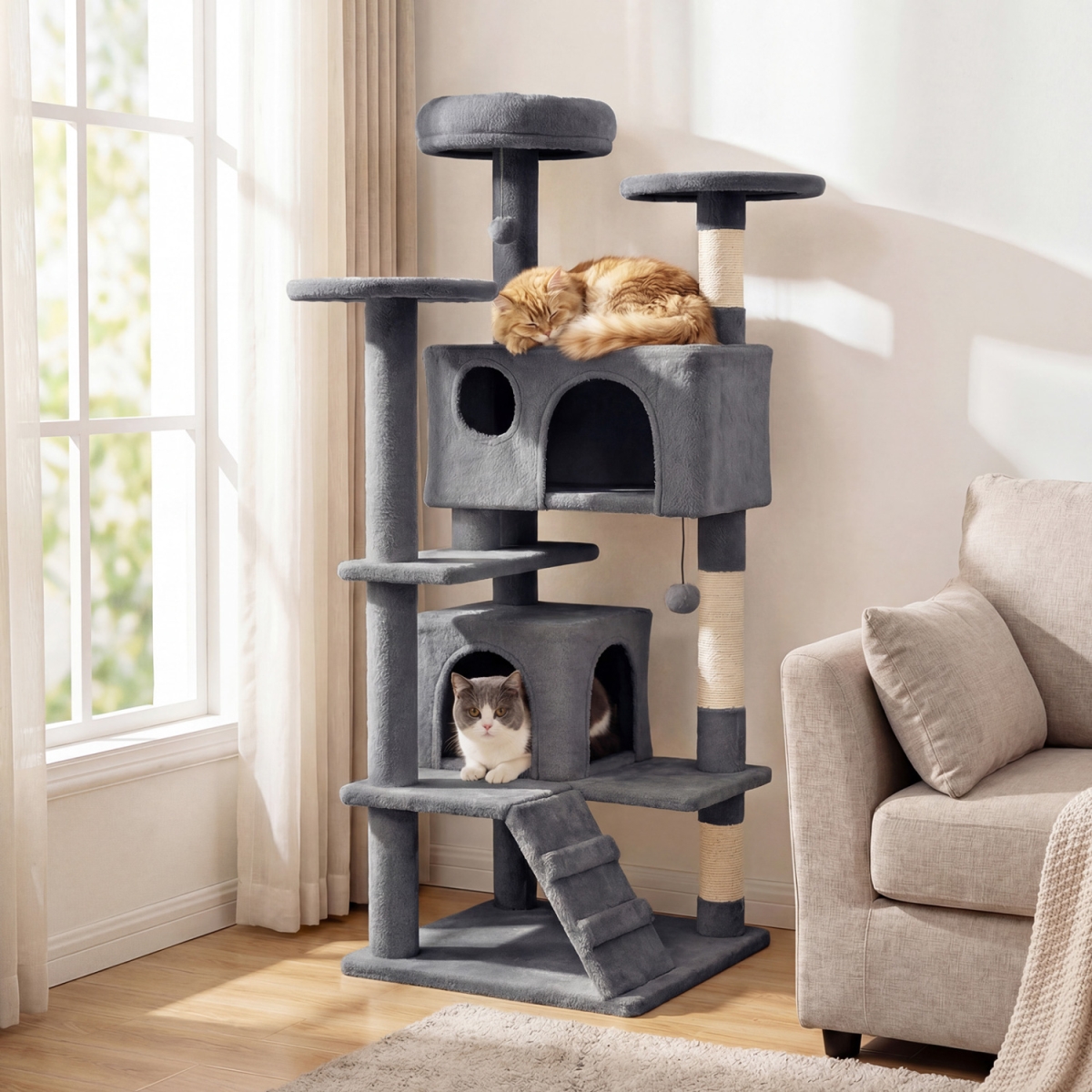 PV10500GR 52 in. Tall Cat Tree Tower for Indoor Cats - Light Gray