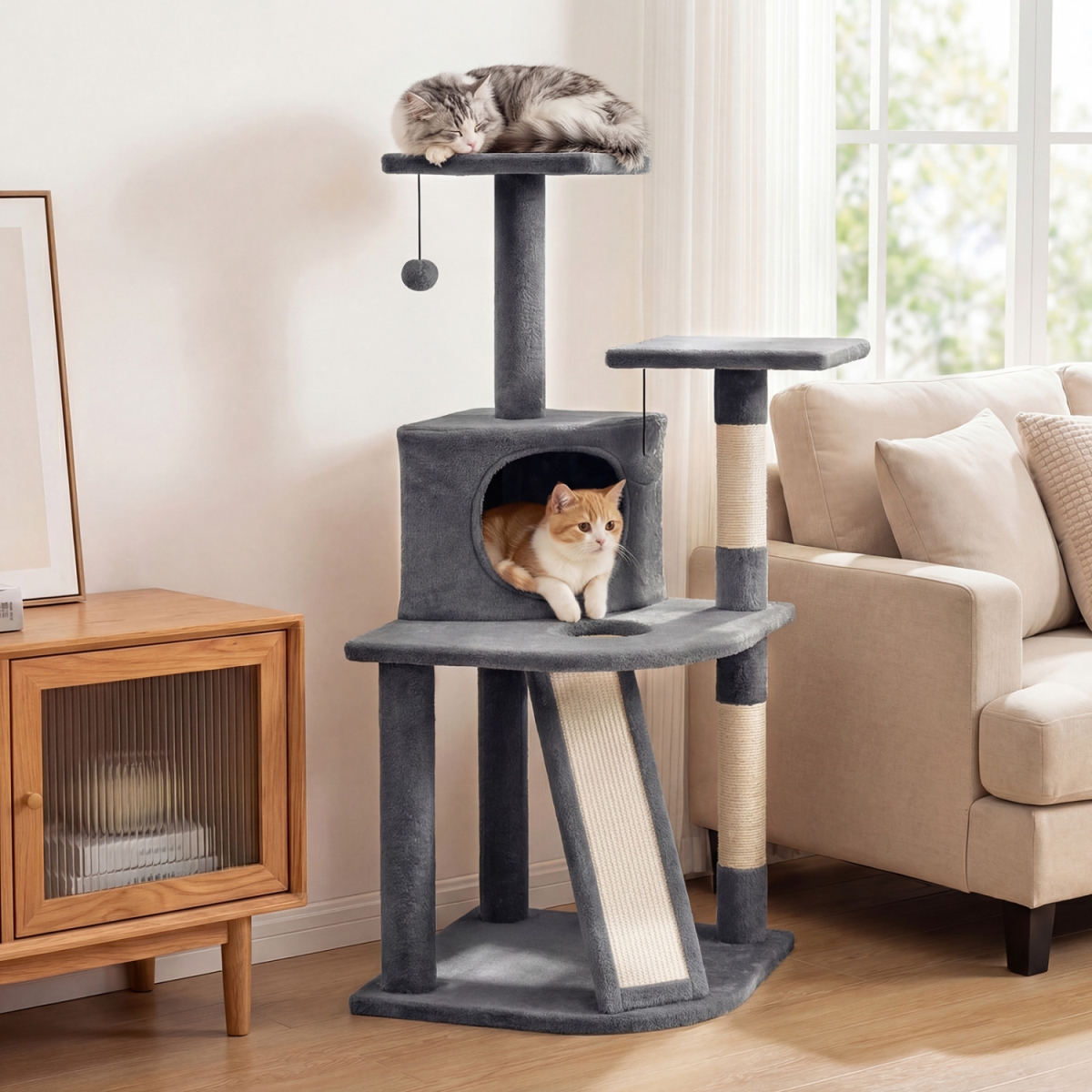 PV10501GR 44 in. Tall Kitten Tower with Condo & 2 Plush Perches - Light Gray