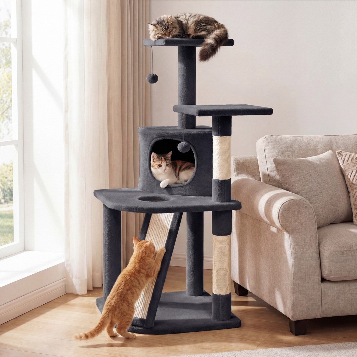 PV10501HS 44 in. Tall Kitten Tower with Condo & 2 Plush Perches - Dark Gray